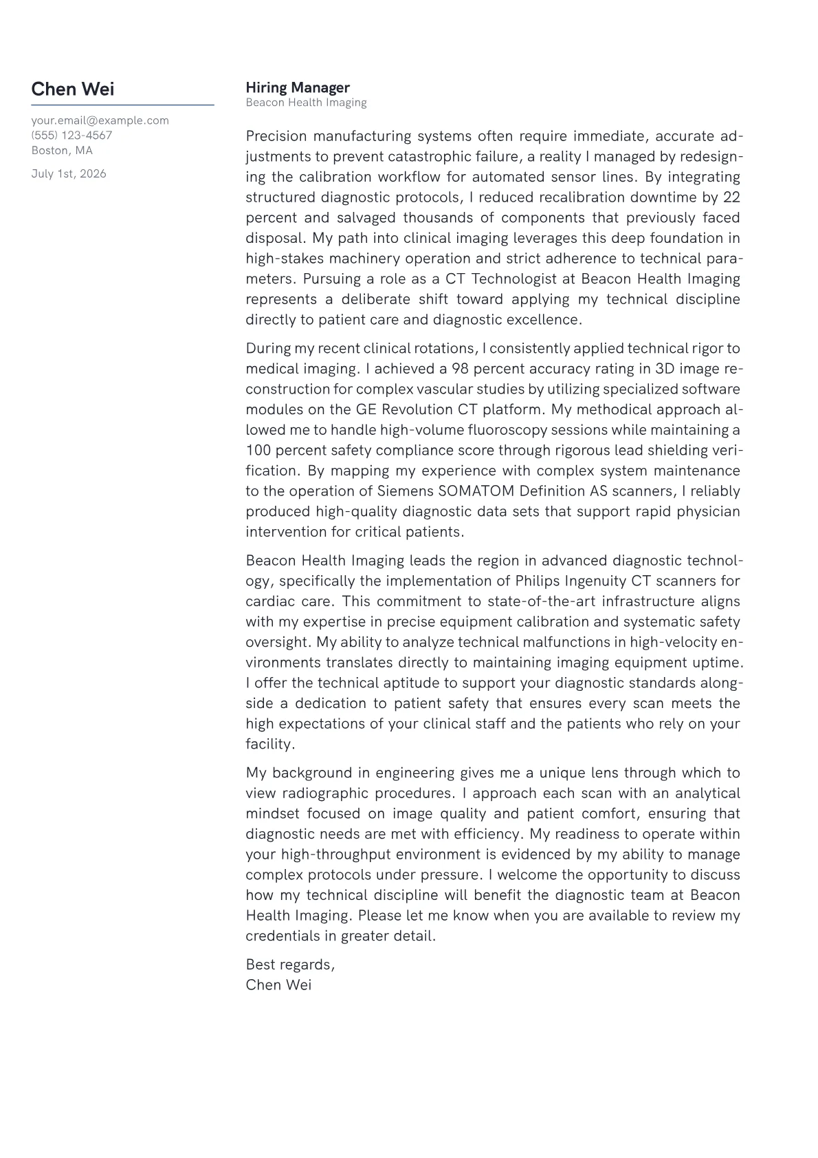 CT Technologist cover letter formatted with a JobSprout template
