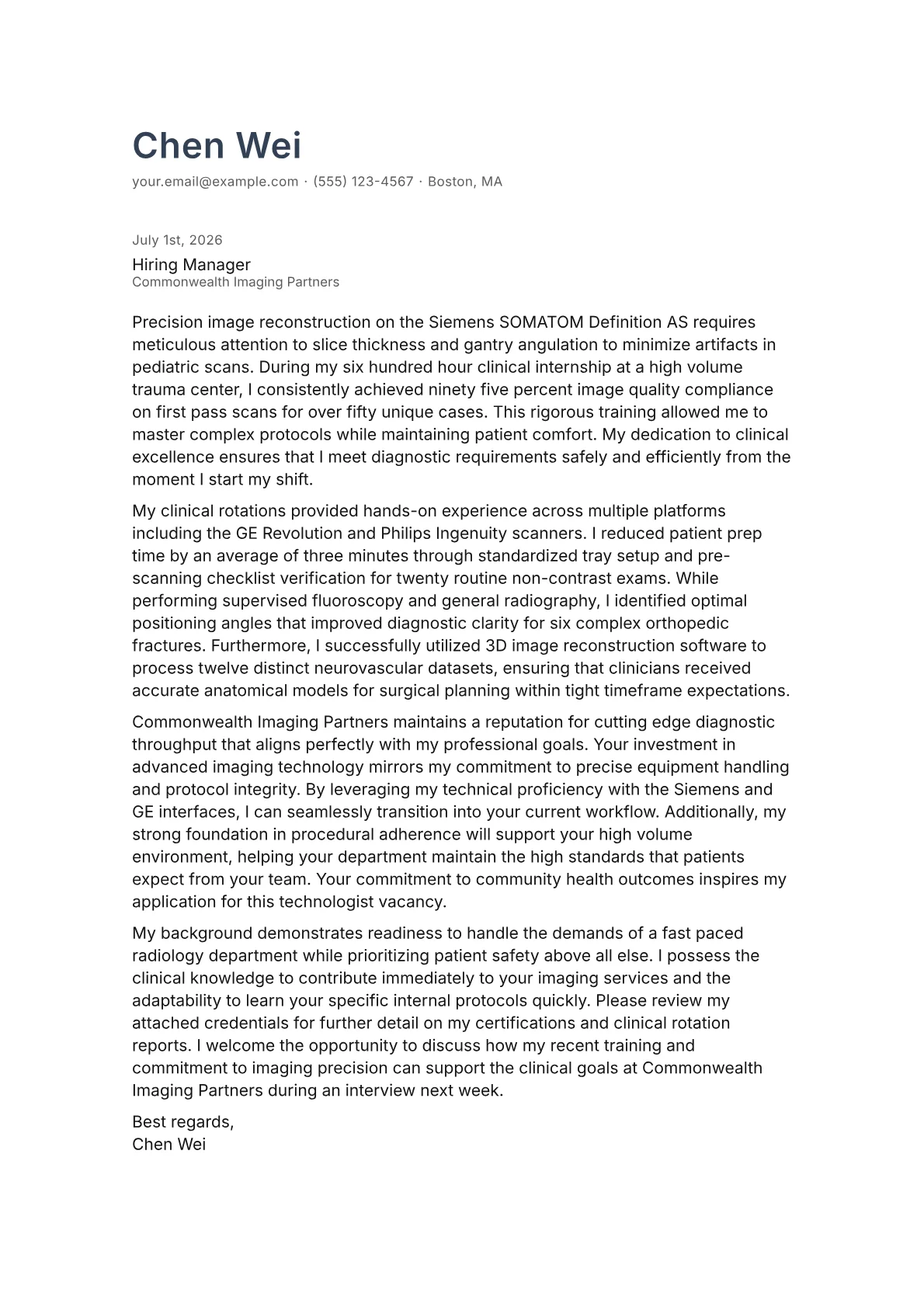 CT Technologist cover letter formatted with a JobSprout template