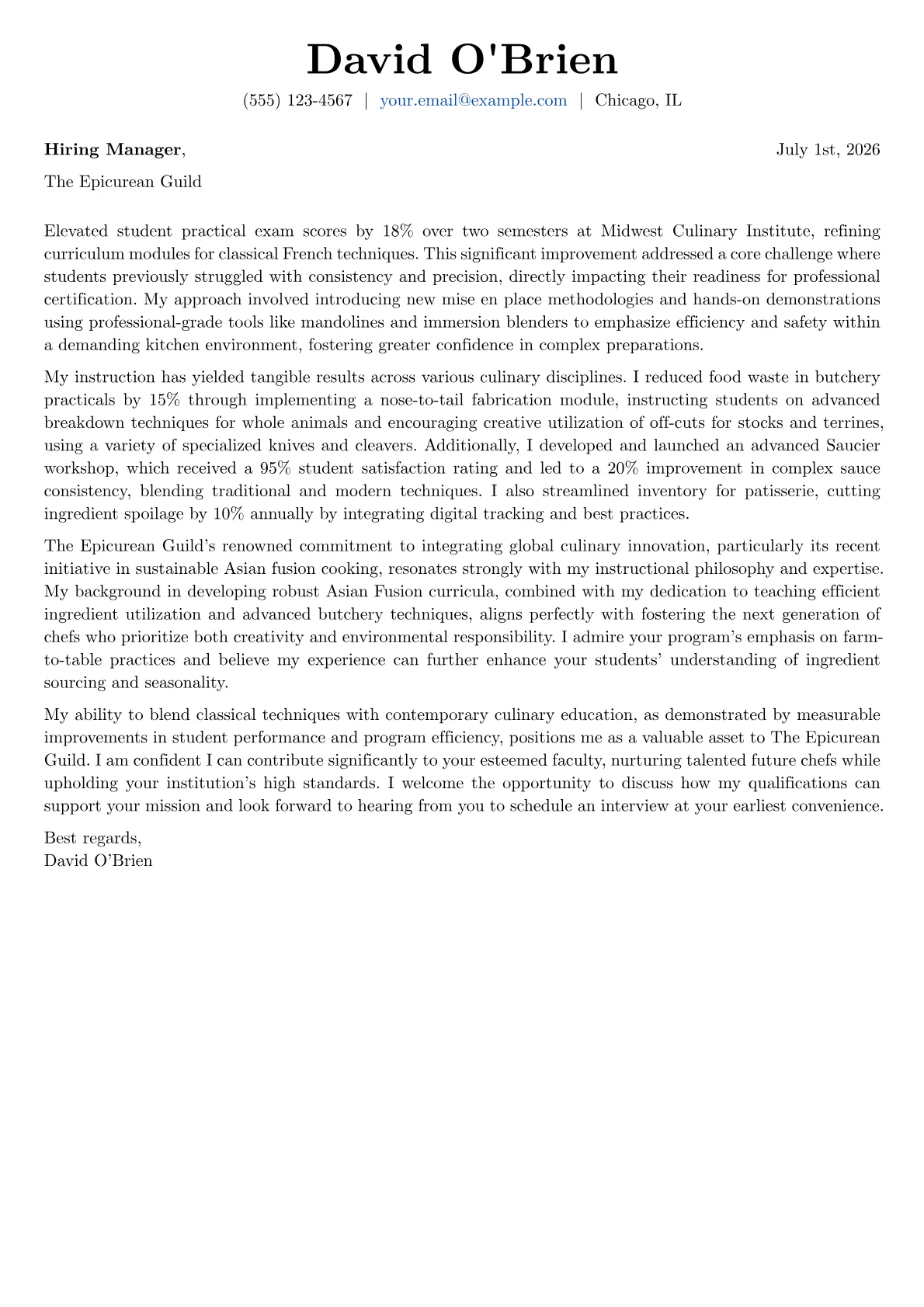 Culinary Arts Instructor cover letter formatted with a JobSprout template