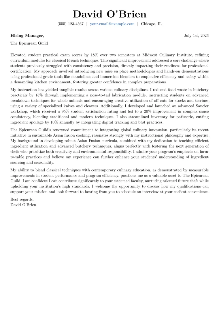Culinary Arts Instructor cover letter example preview