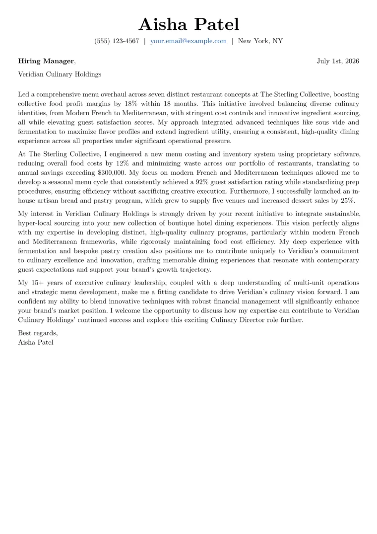 Culinary Director cover letter example preview