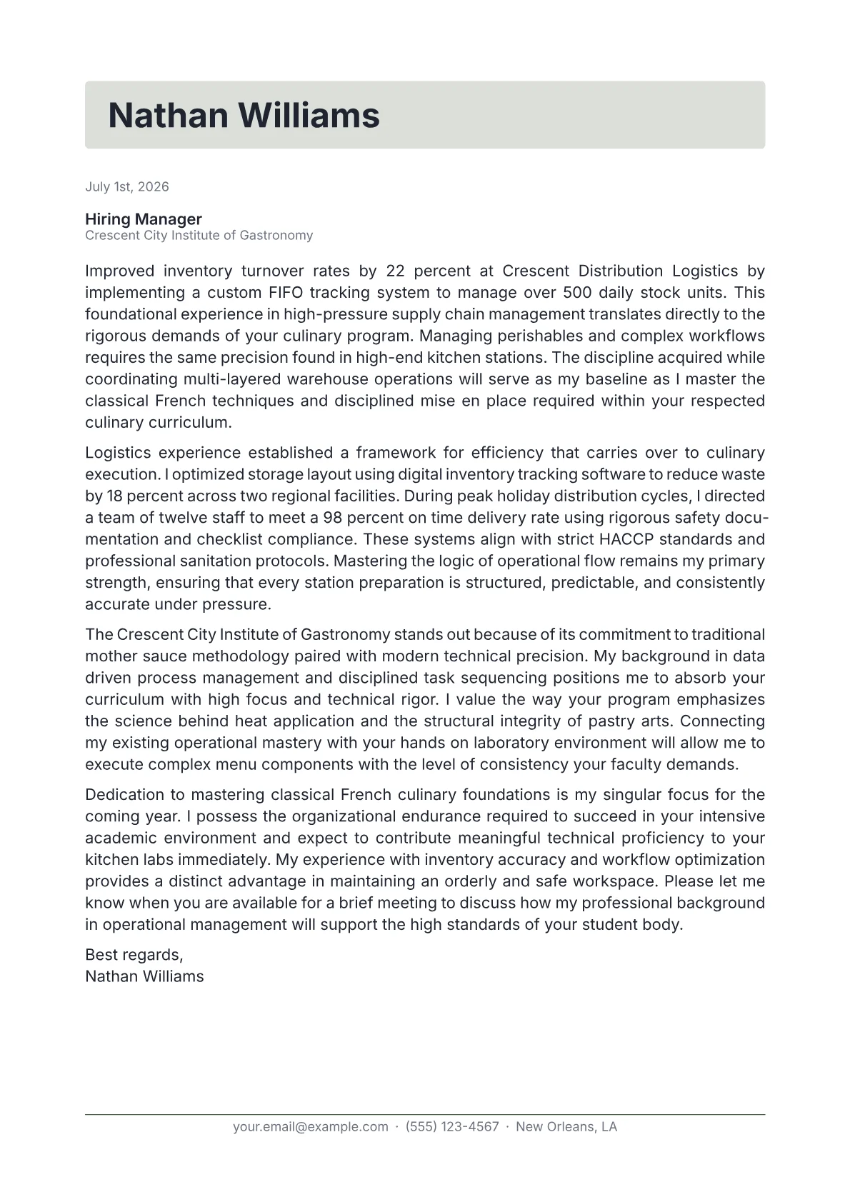 Culinary Student cover letter in the Letterhead design