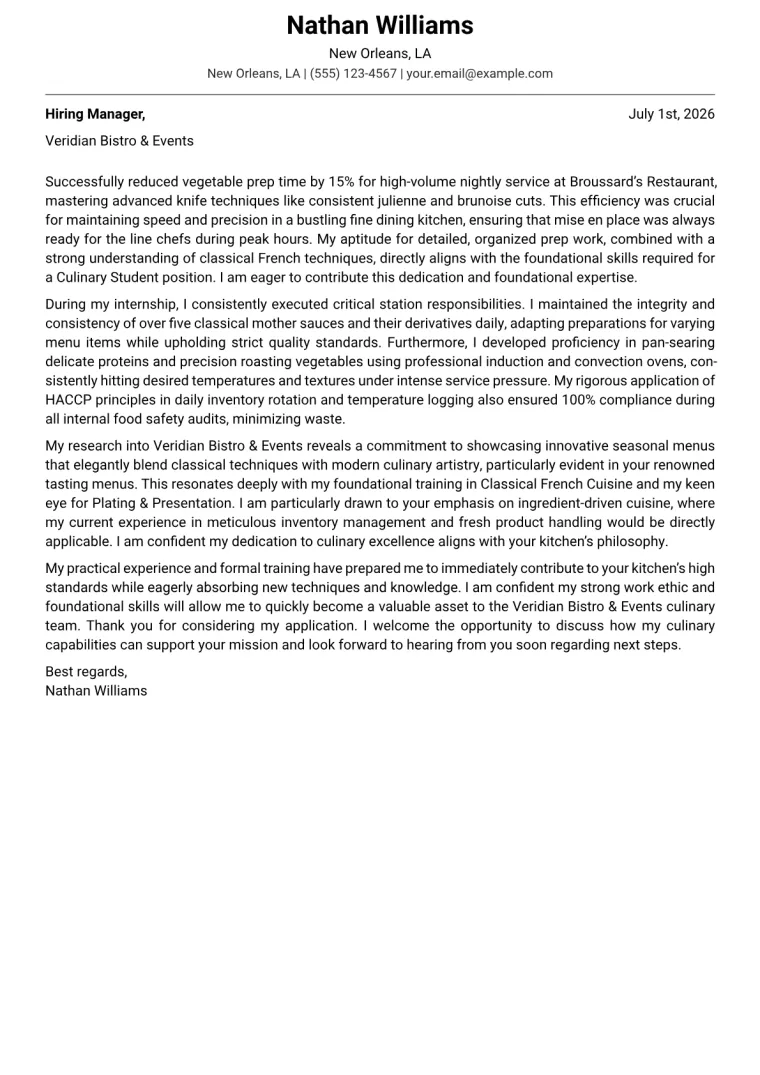 Culinary Student cover letter example preview
