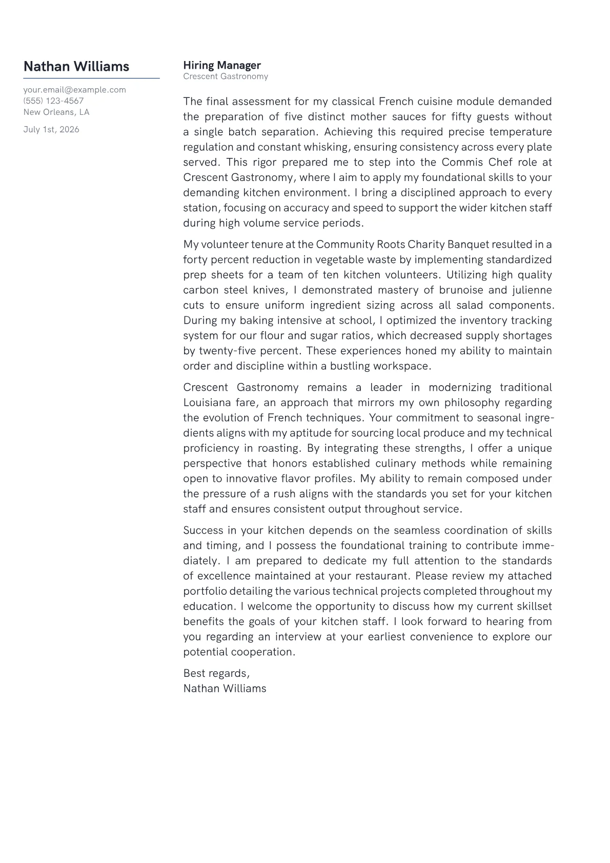 Culinary Student cover letter in the Margin design