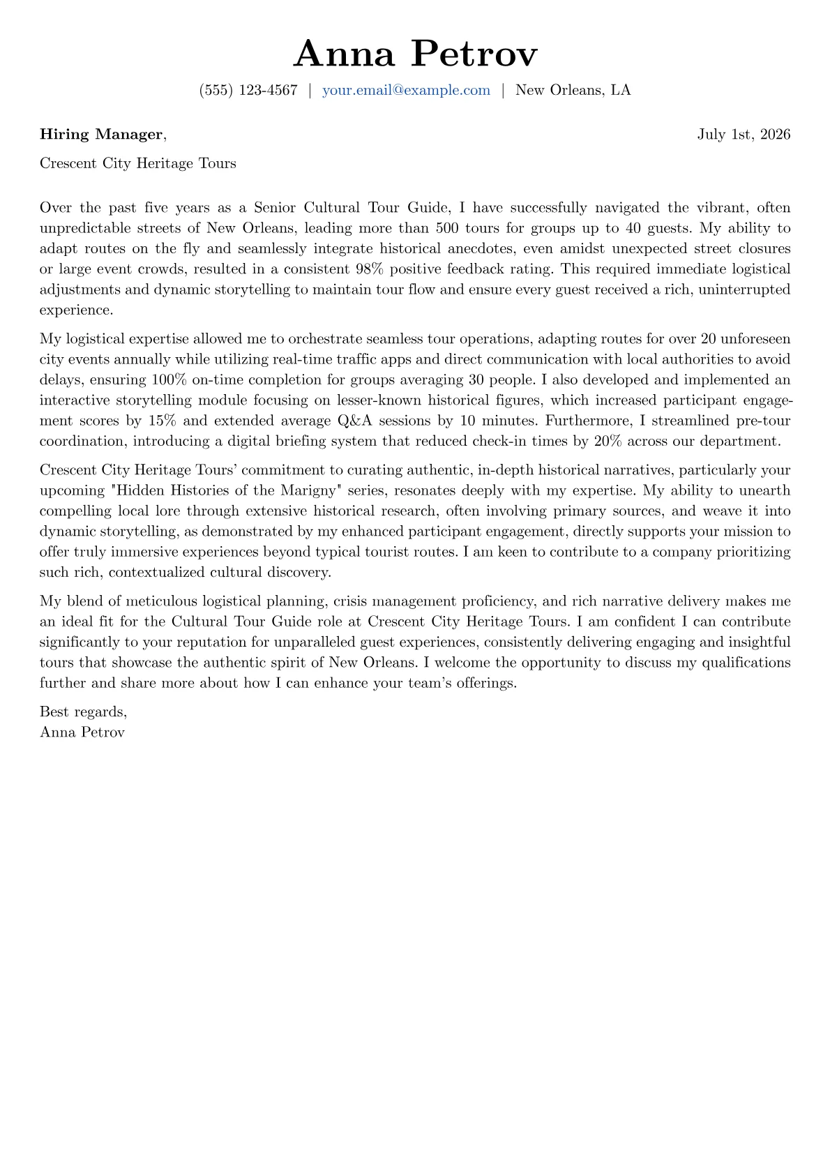 Cultural Tour Guide cover letter formatted with a JobSprout template