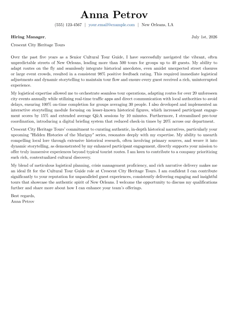 Cultural Tour Guide cover letter example preview