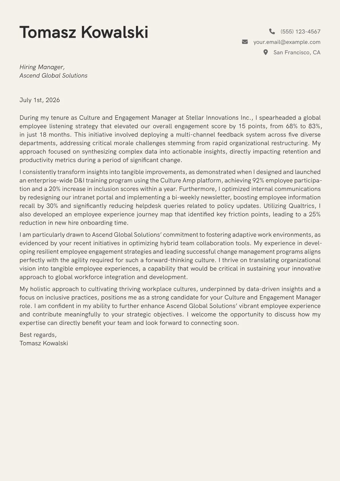 Culture and Engagement Manager cover letter formatted with a JobSprout template