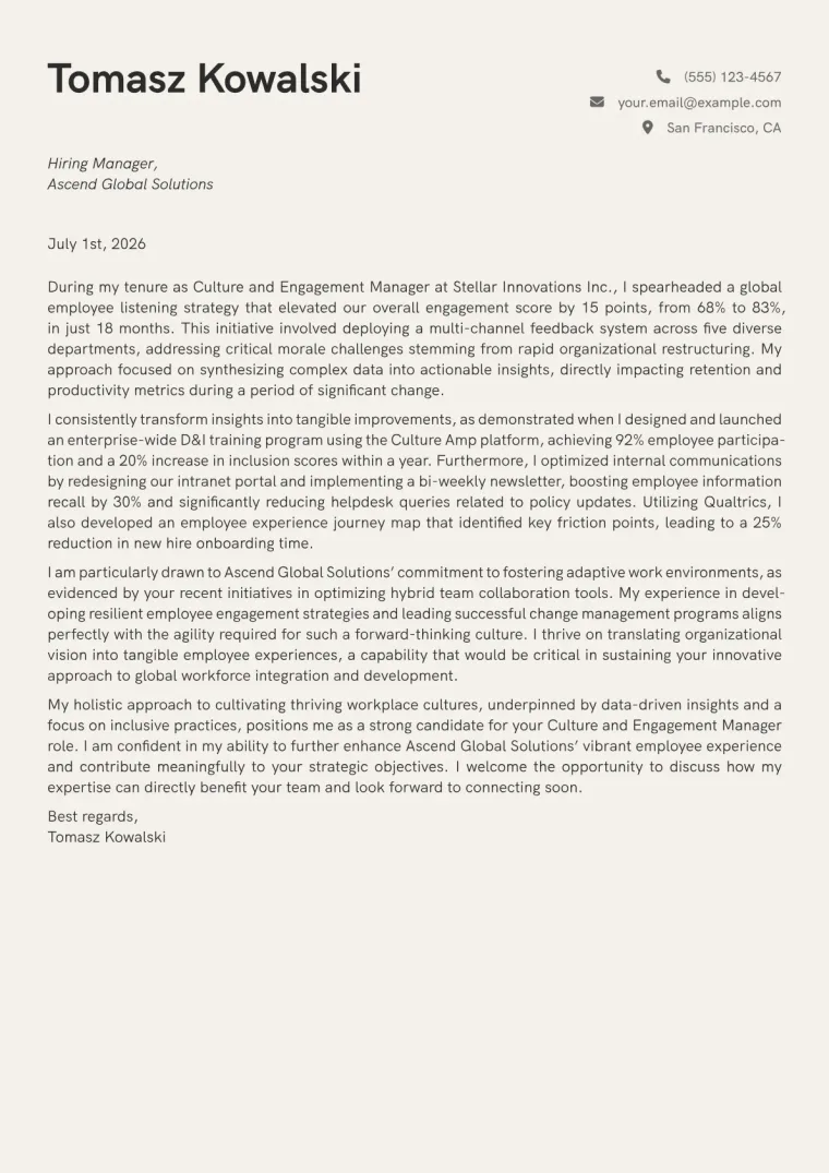 Culture and Engagement Manager cover letter example preview