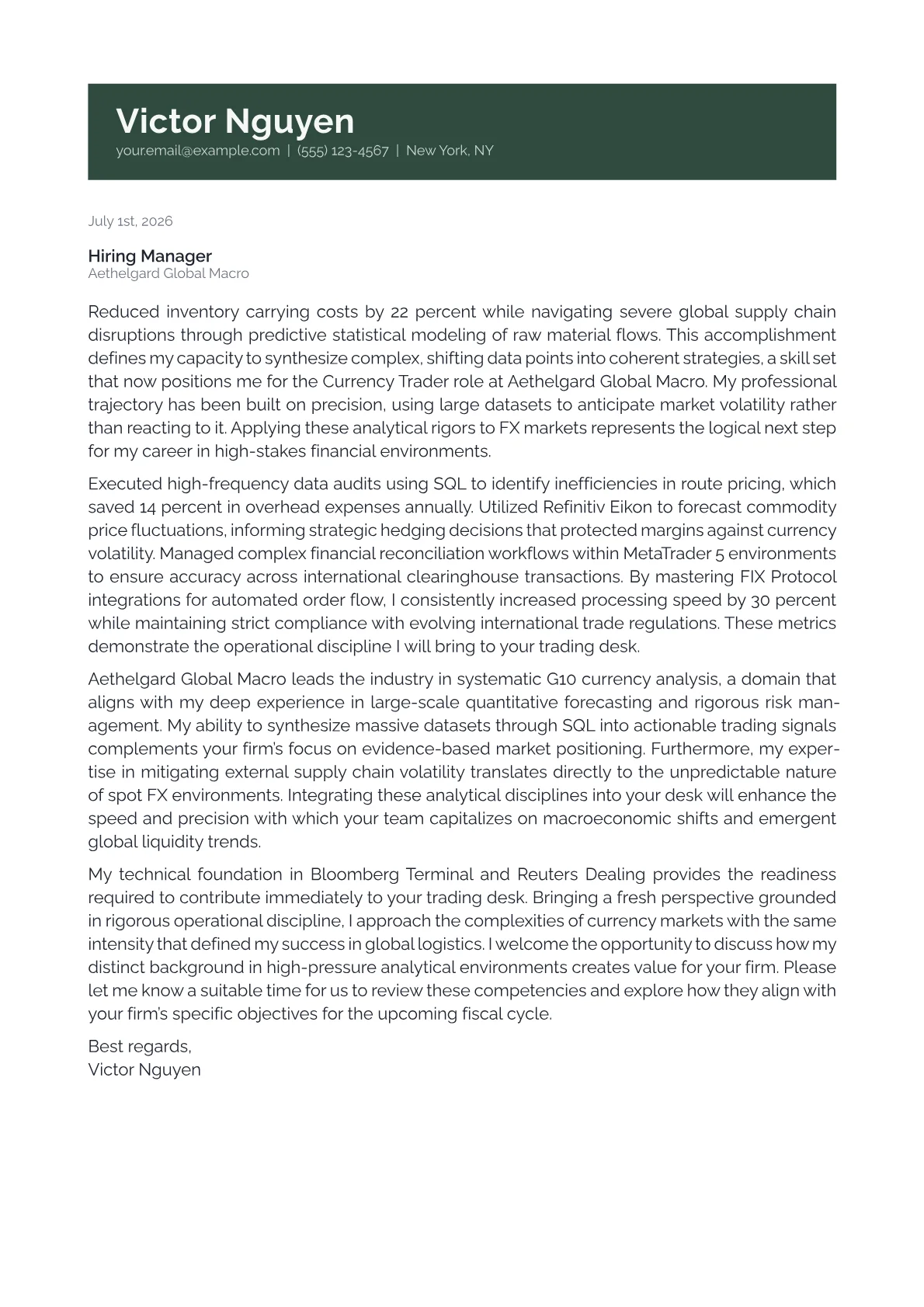 Currency Trader cover letter in the Banner design