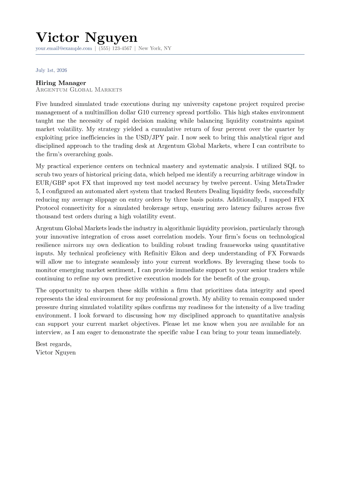 Currency Trader cover letter in the Classic design