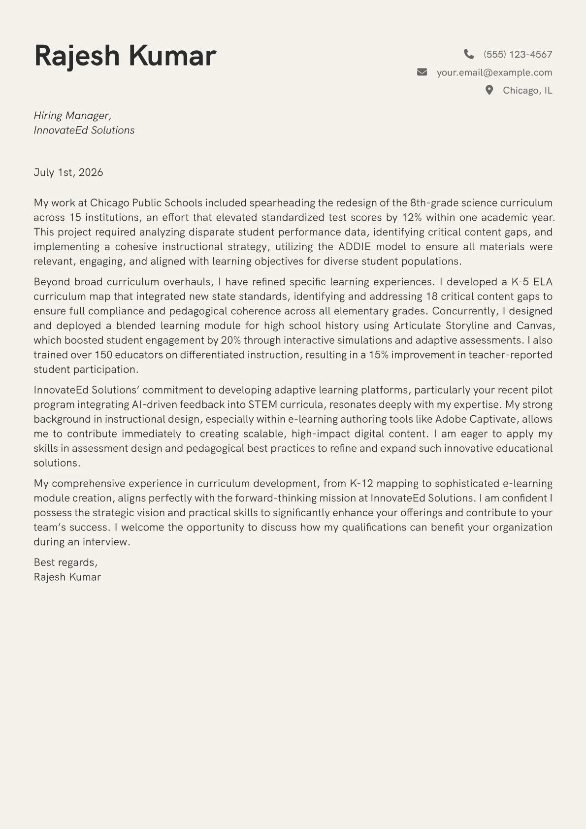 Curriculum Coordinator cover letter formatted with a JobSprout template