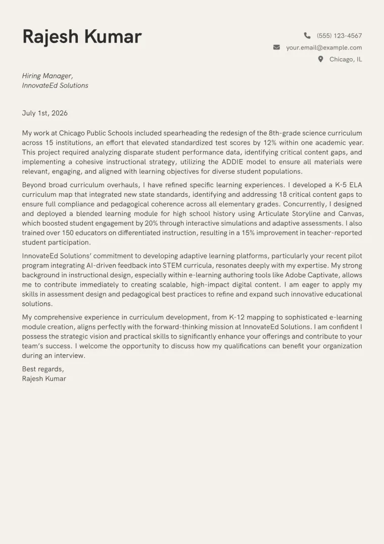 Curriculum Coordinator cover letter example preview