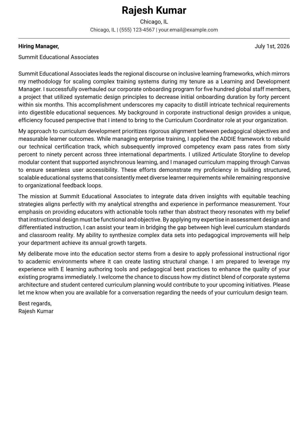 Curriculum Coordinator cover letter in the Modern design