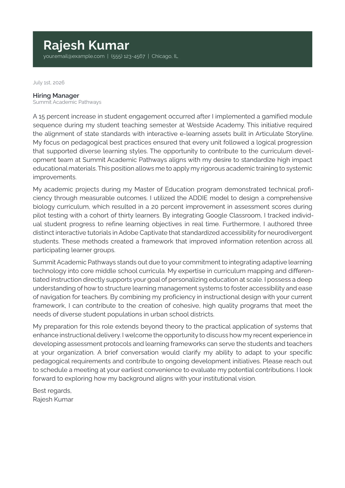 Curriculum Coordinator cover letter in the Banner design