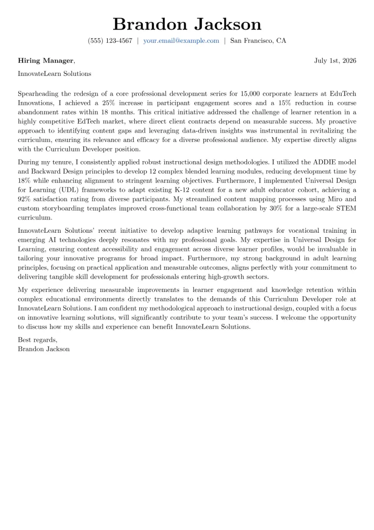 Curriculum Developer Cover Letter Example