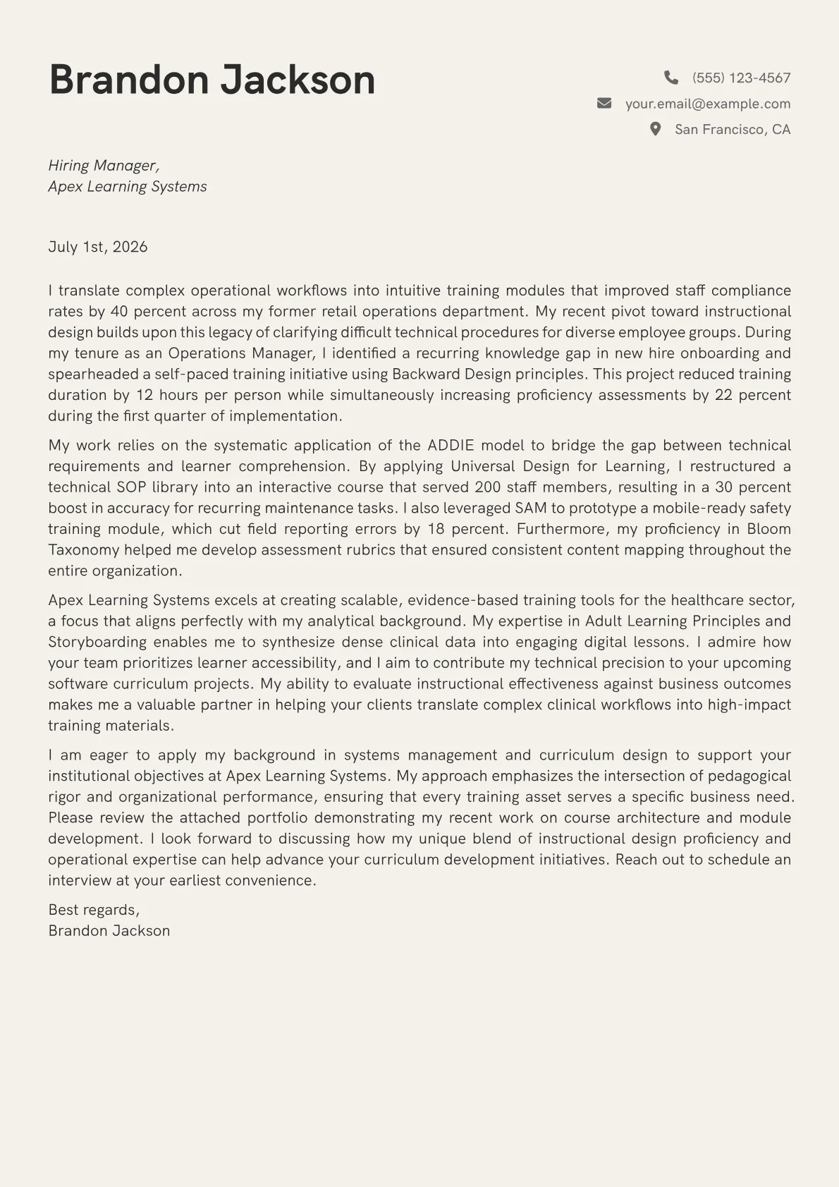 Curriculum Developer cover letter in the Creative design