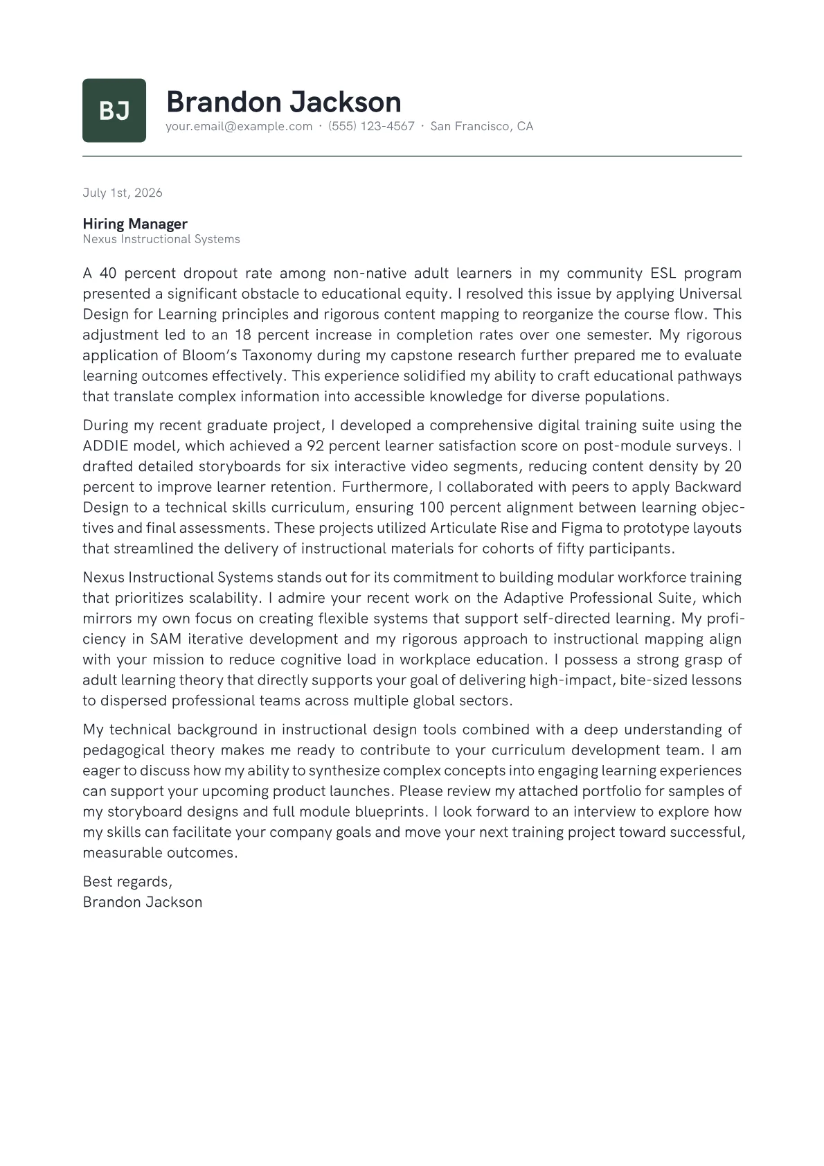 Curriculum Developer cover letter in the Emblem design
