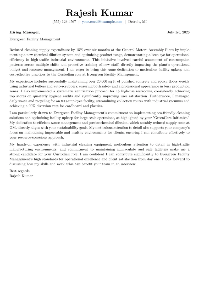 Custodian Cover Letter Example
