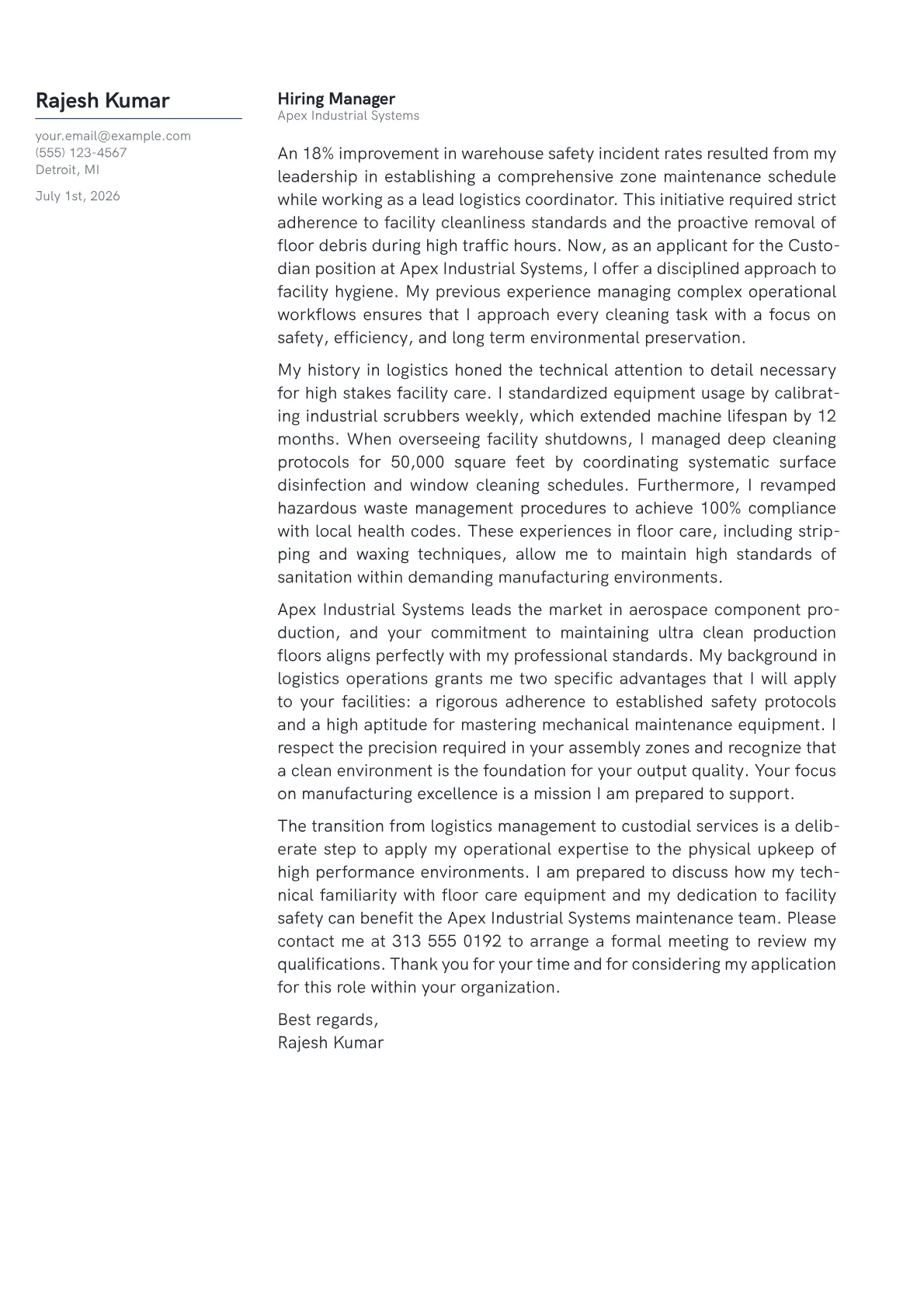 Custodian cover letter in the Margin design