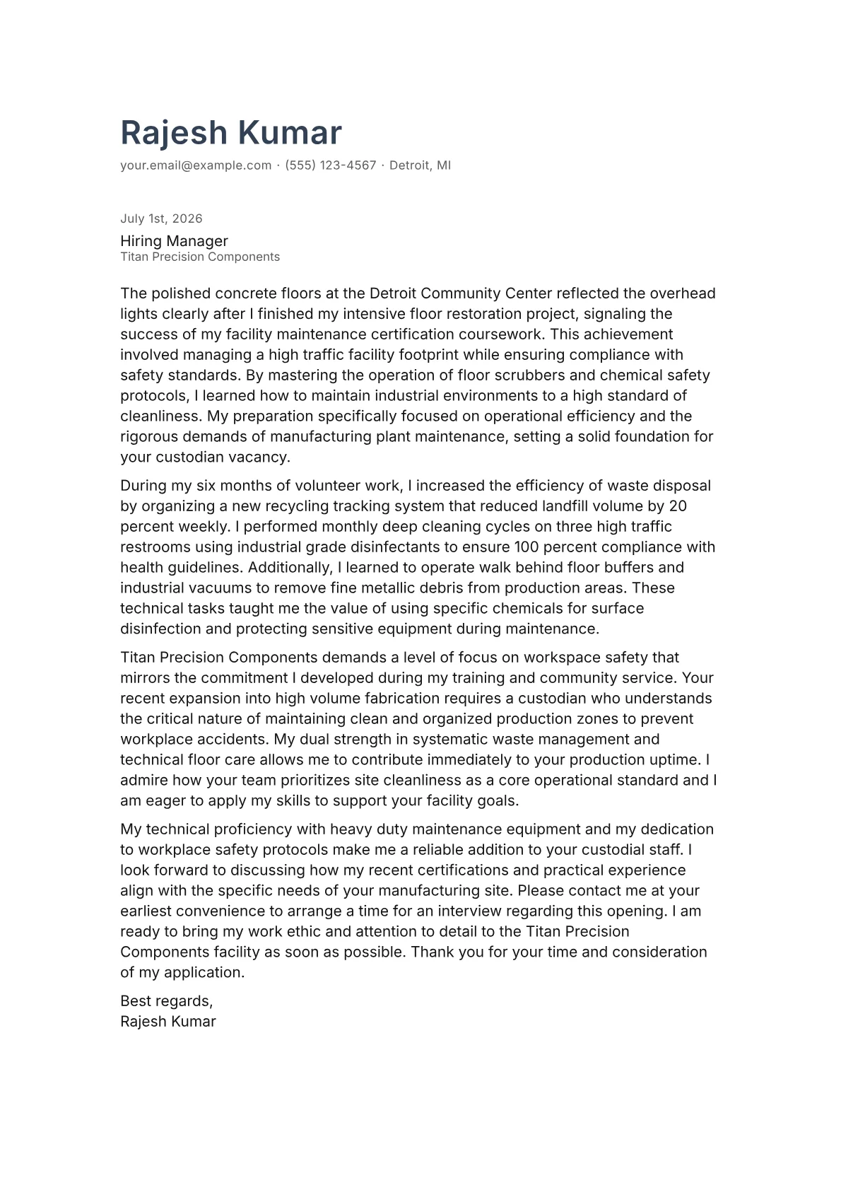 Custodian cover letter in the Minimal design