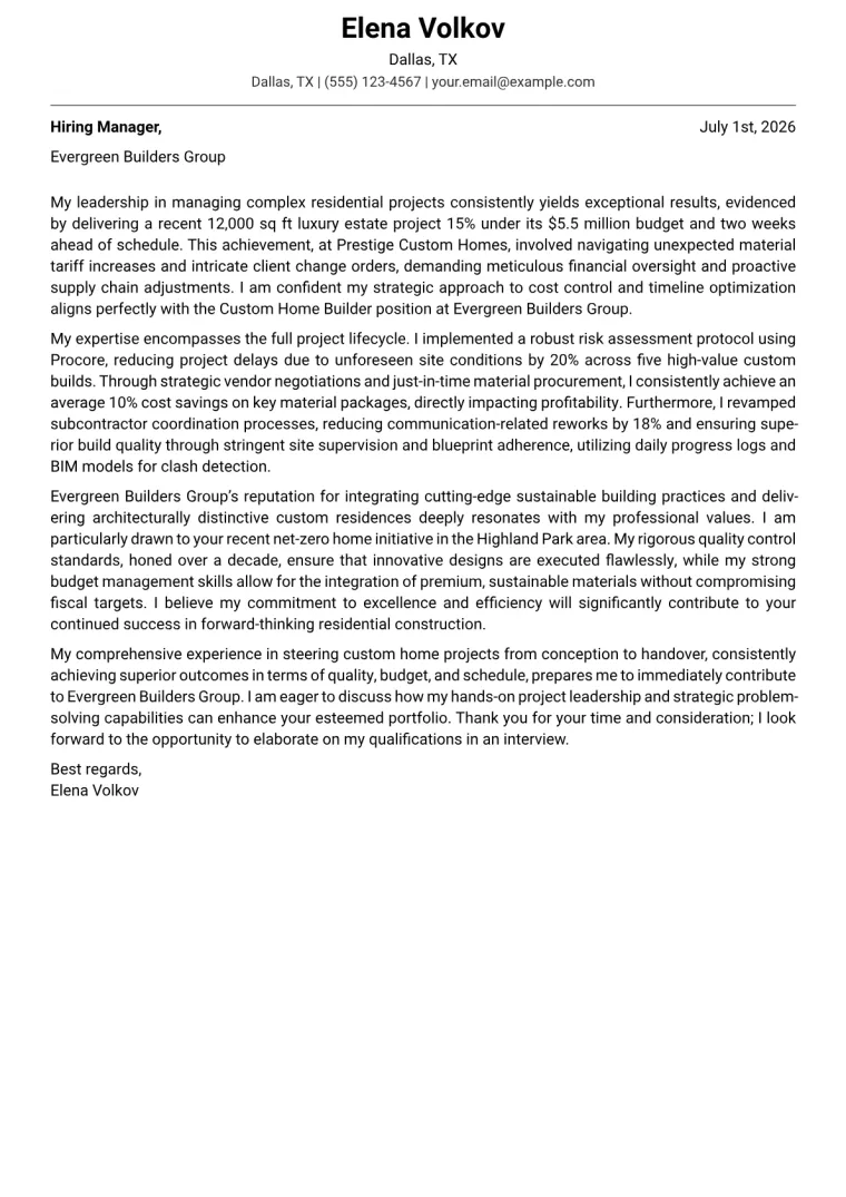 Custom Home Builder Cover Letter Example