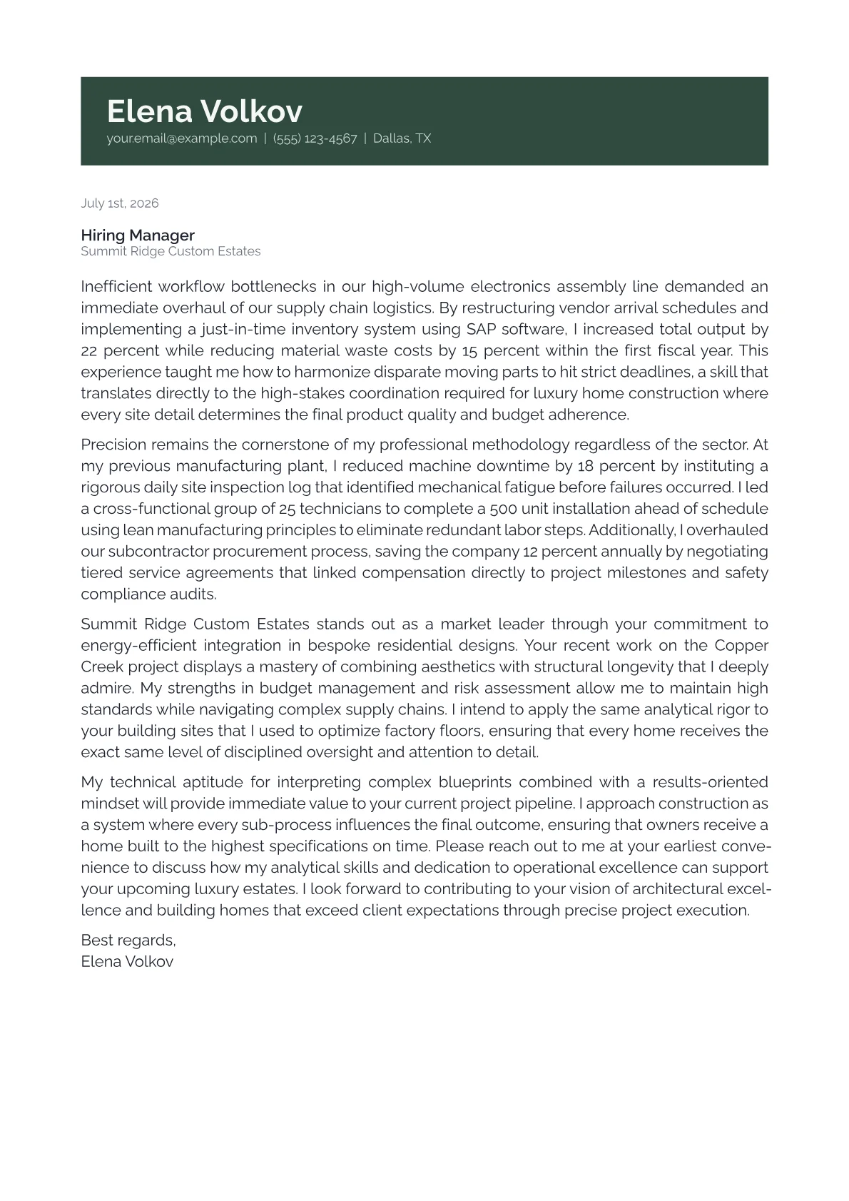 Custom Home Builder cover letter in the Banner design