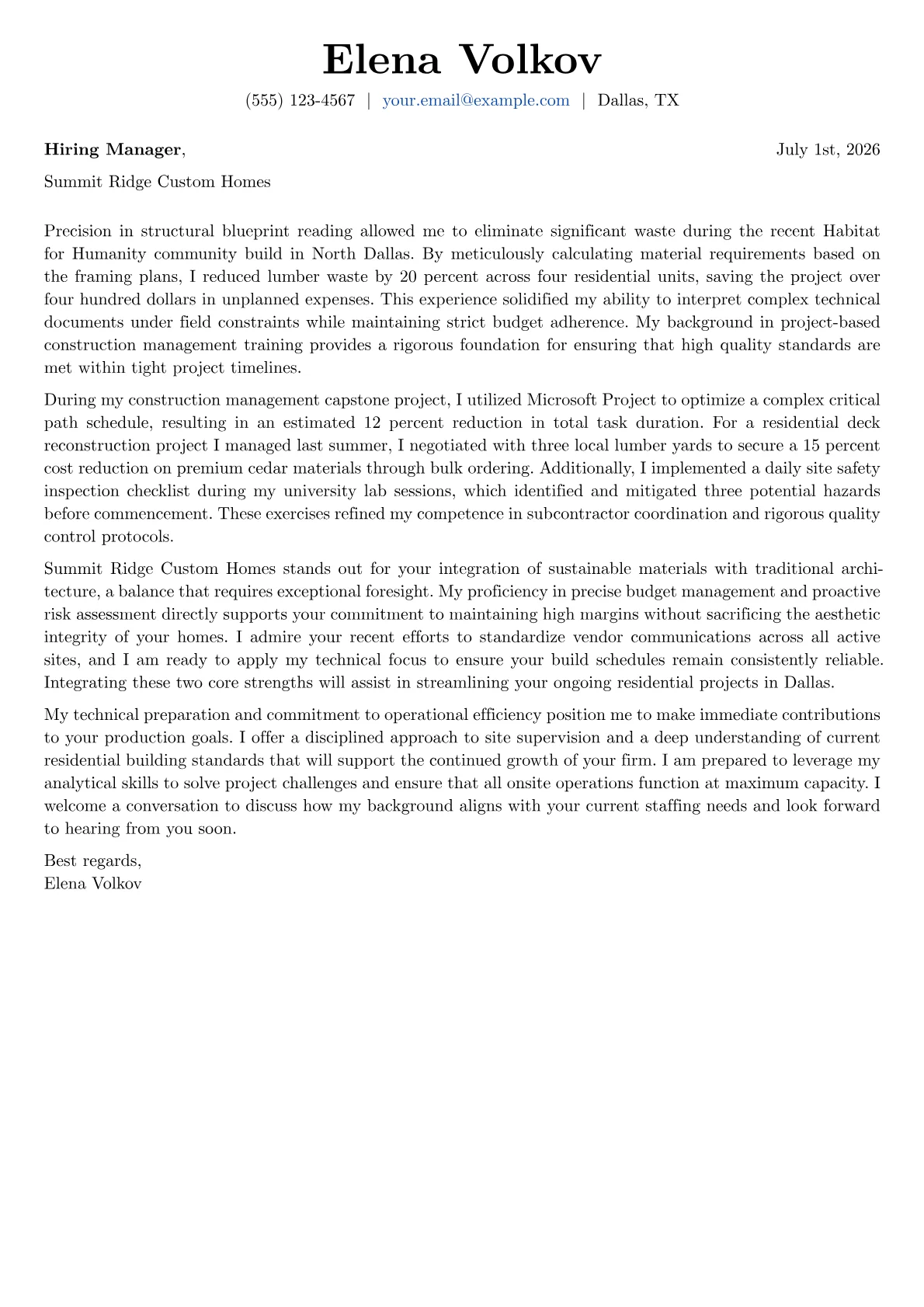 Custom Home Builder cover letter in the Basic design