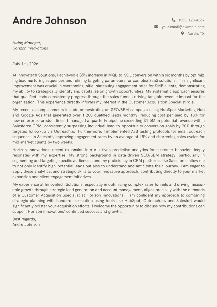 Customer Acquisition Specialist cover letter example preview