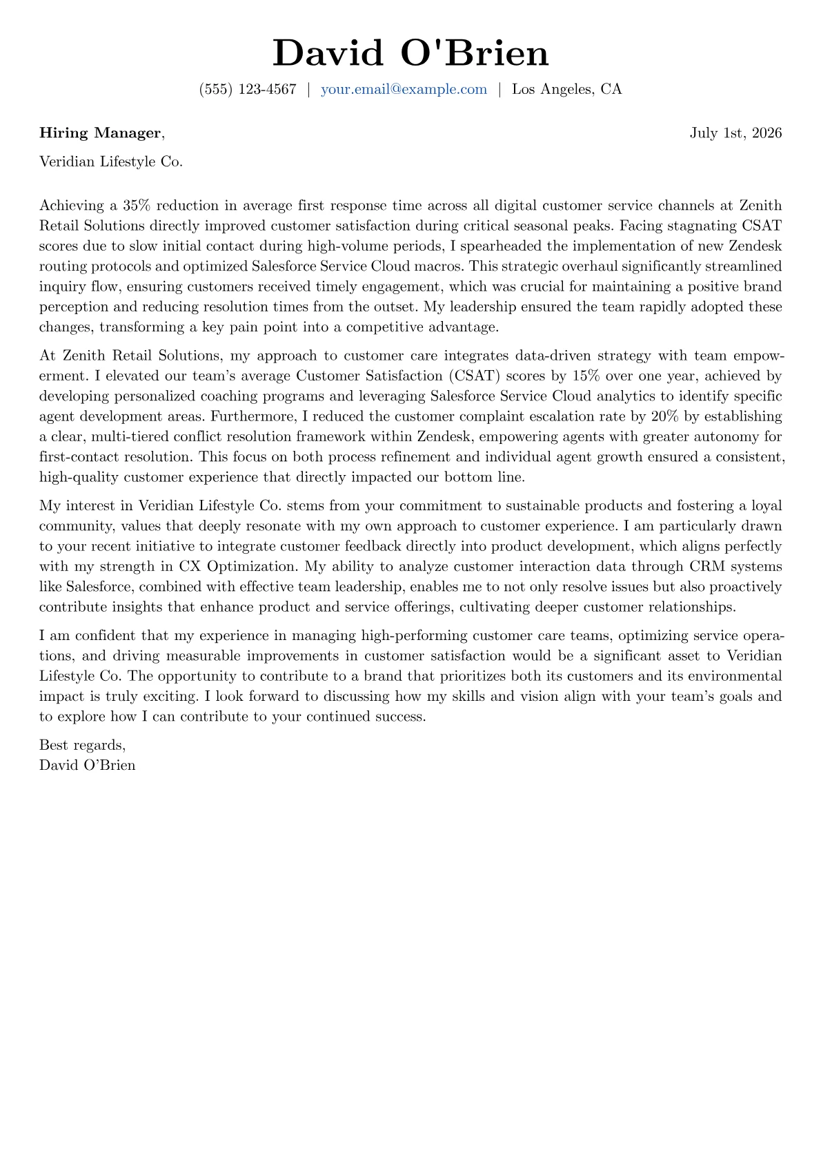 Customer Care Manager cover letter formatted with a JobSprout template