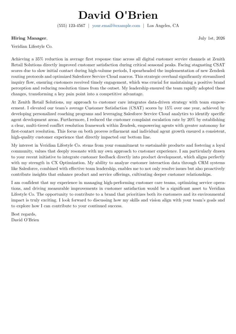 Customer Care Manager cover letter example