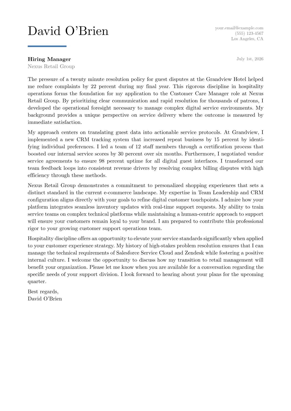 Customer Care Manager cover letter in the Executive design