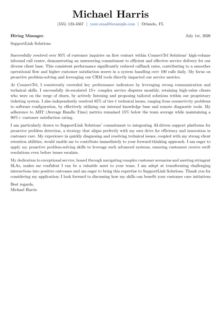 Customer Care Representative Cover Letter Example
