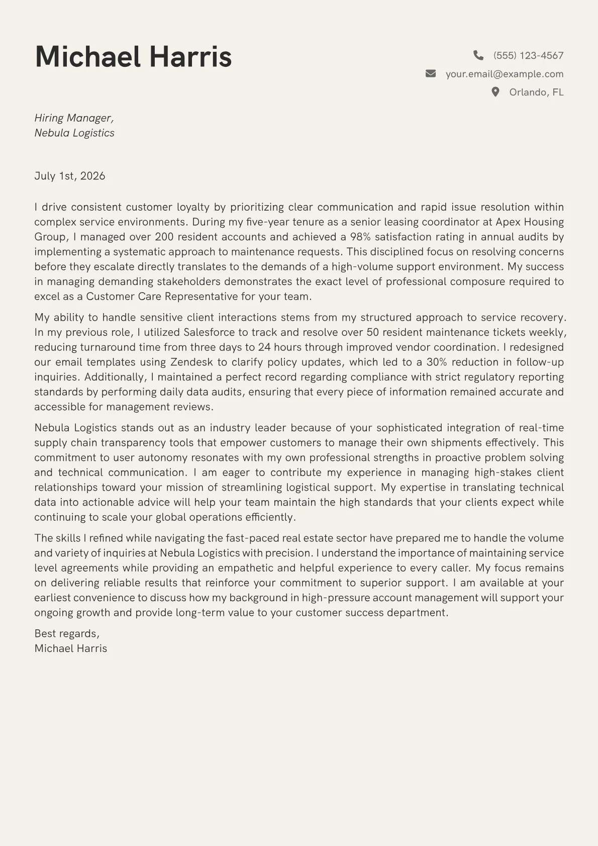 Customer Care Representative cover letter in the Creative design