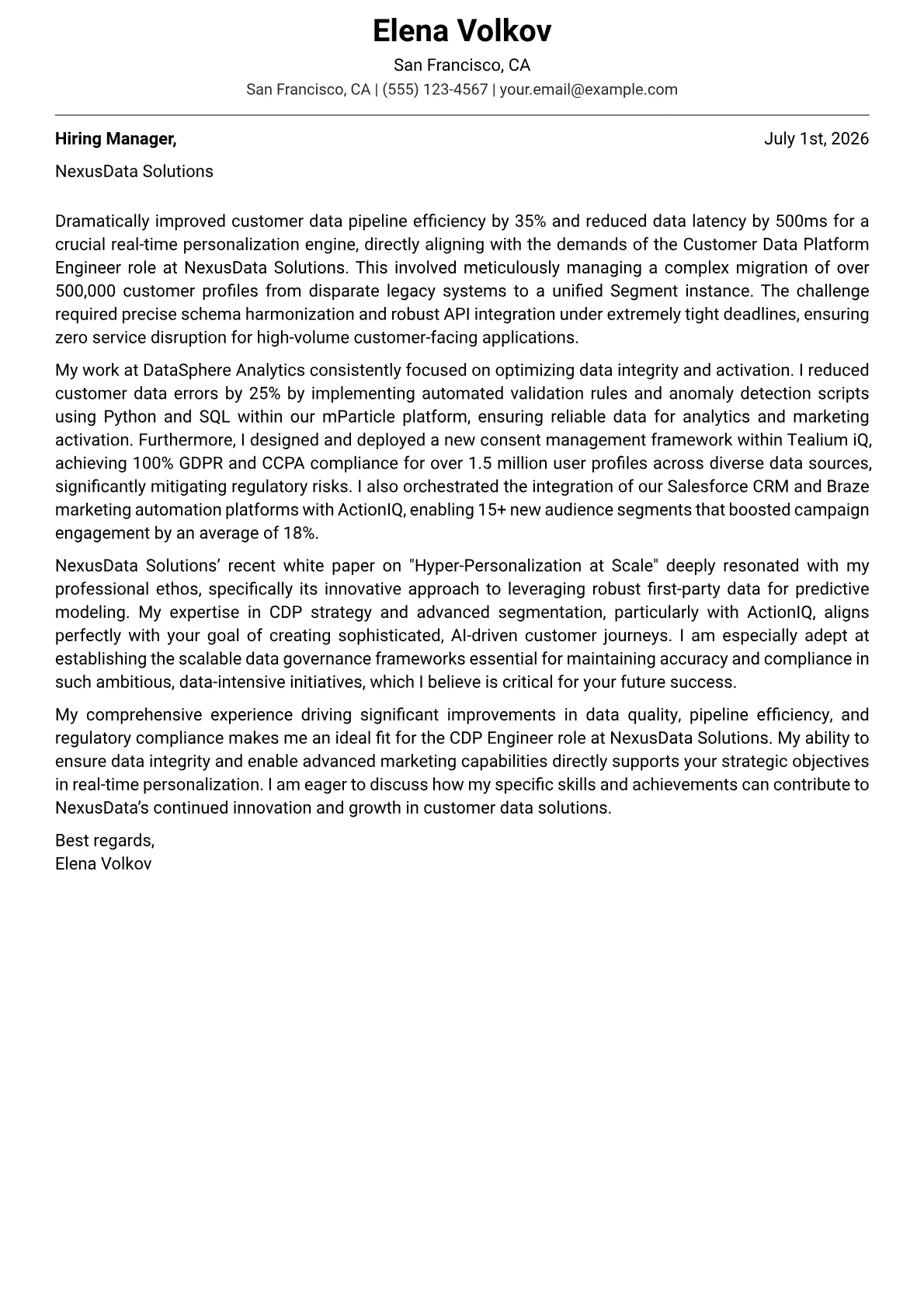 Customer Data Platform Engineer cover letter formatted with a JobSprout template