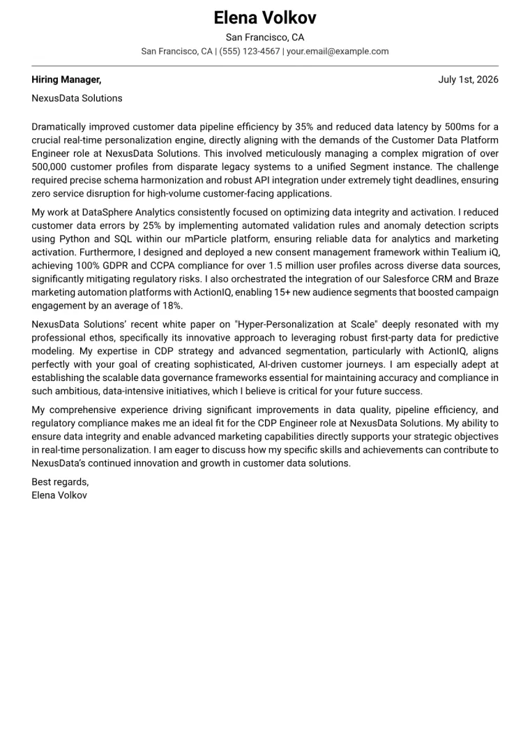 Customer Data Platform Engineer cover letter example preview
