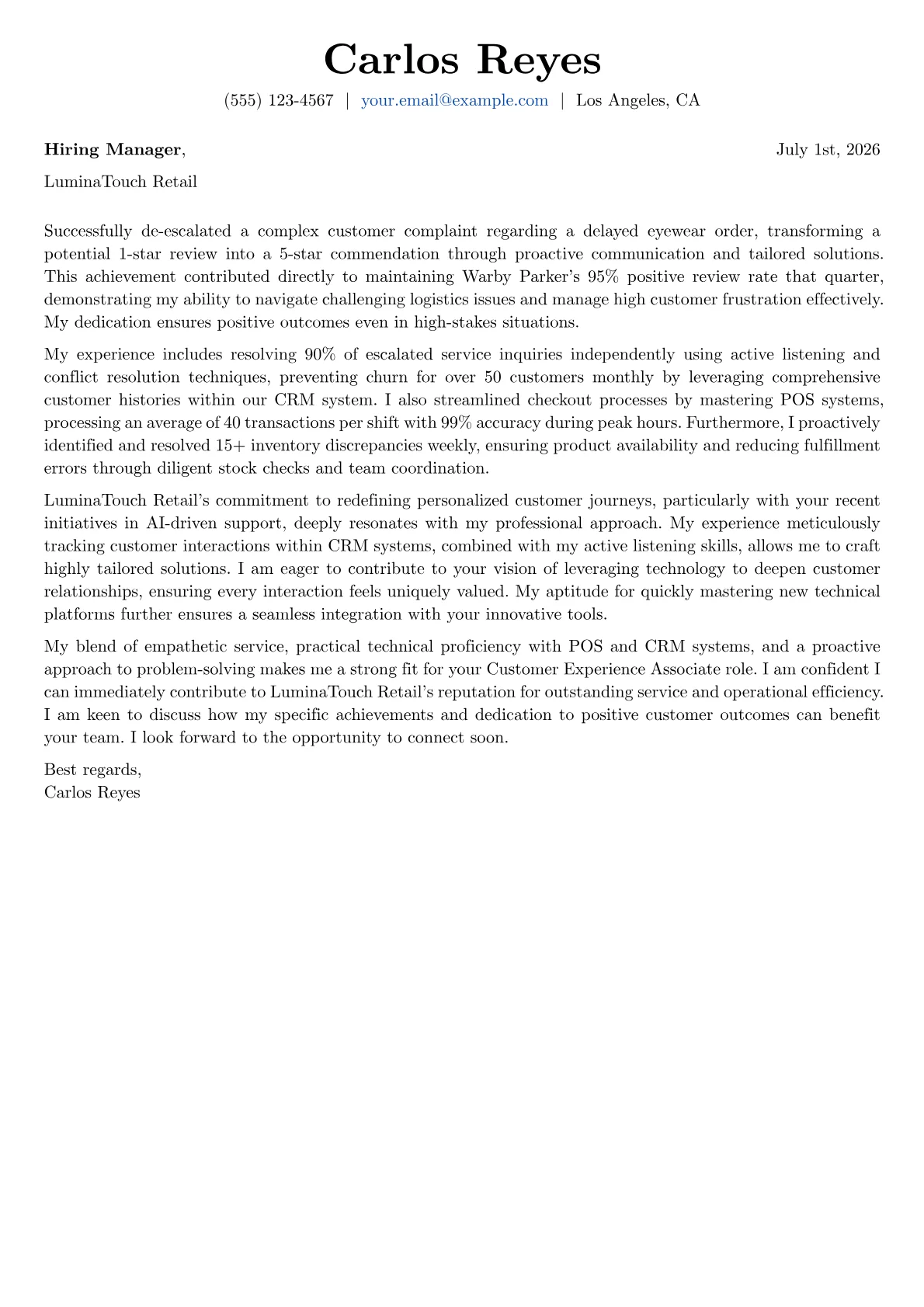 Customer Experience Associate cover letter formatted with a JobSprout template