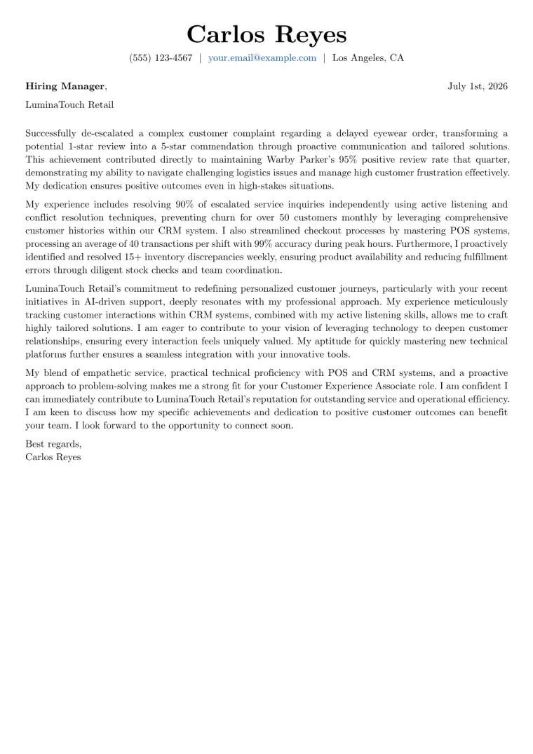 Customer Experience Associate cover letter example preview