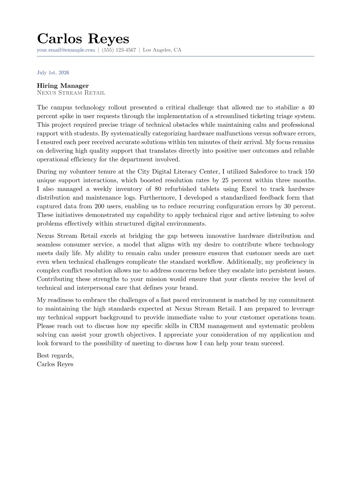 Customer Experience Associate cover letter in the Classic design