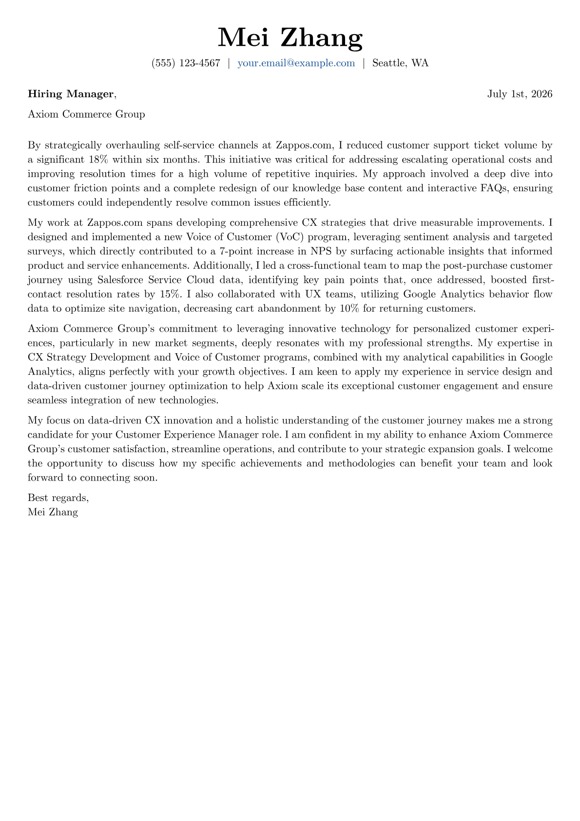 Customer Experience Manager cover letter formatted with a JobSprout template