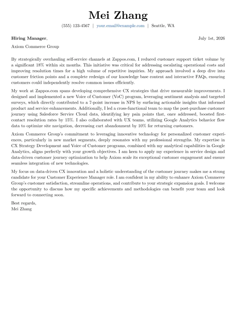 Customer Experience Manager cover letter example preview