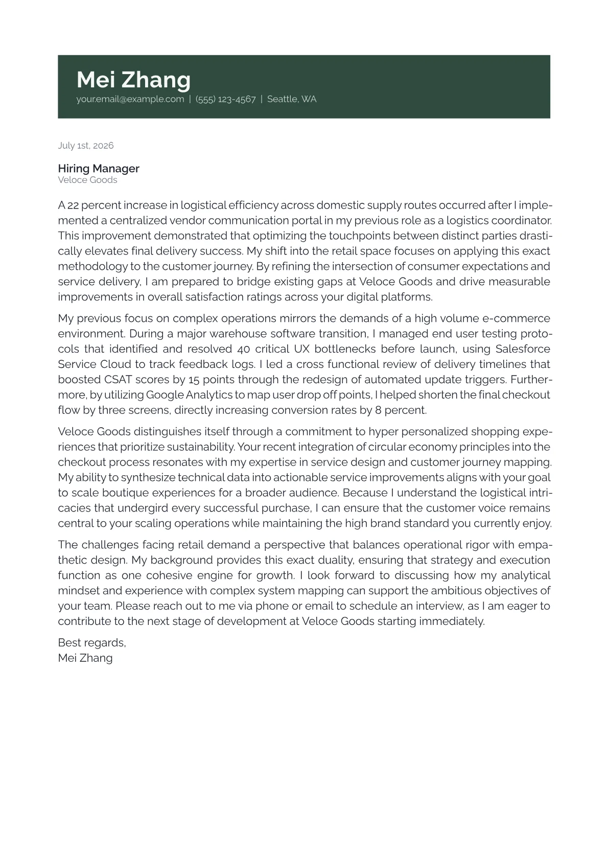 Customer Experience Manager cover letter in the Banner design