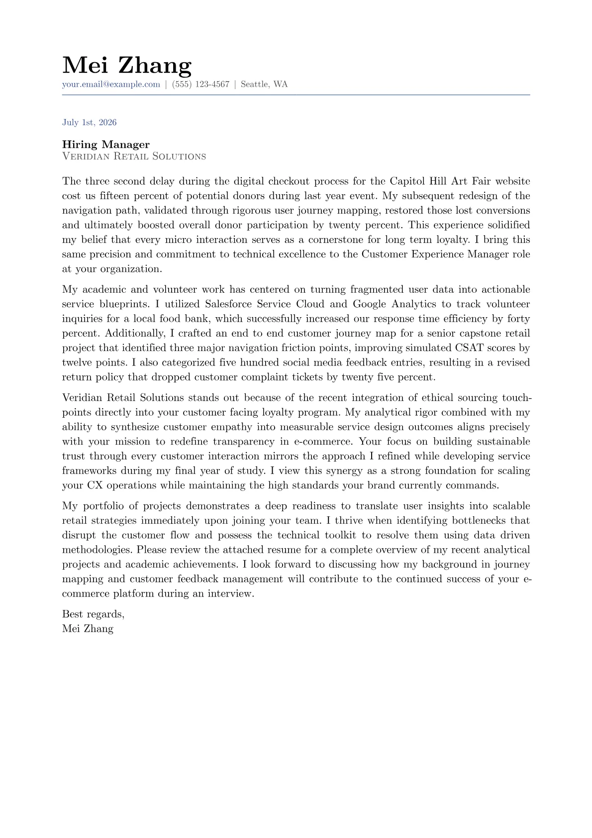 Customer Experience Manager cover letter in the Classic design