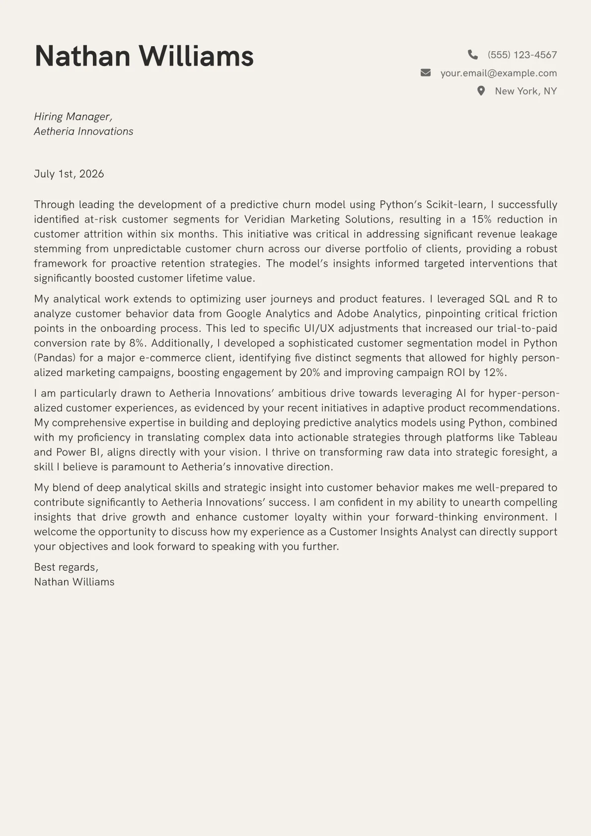 Customer Insights Analyst cover letter formatted with a JobSprout template
