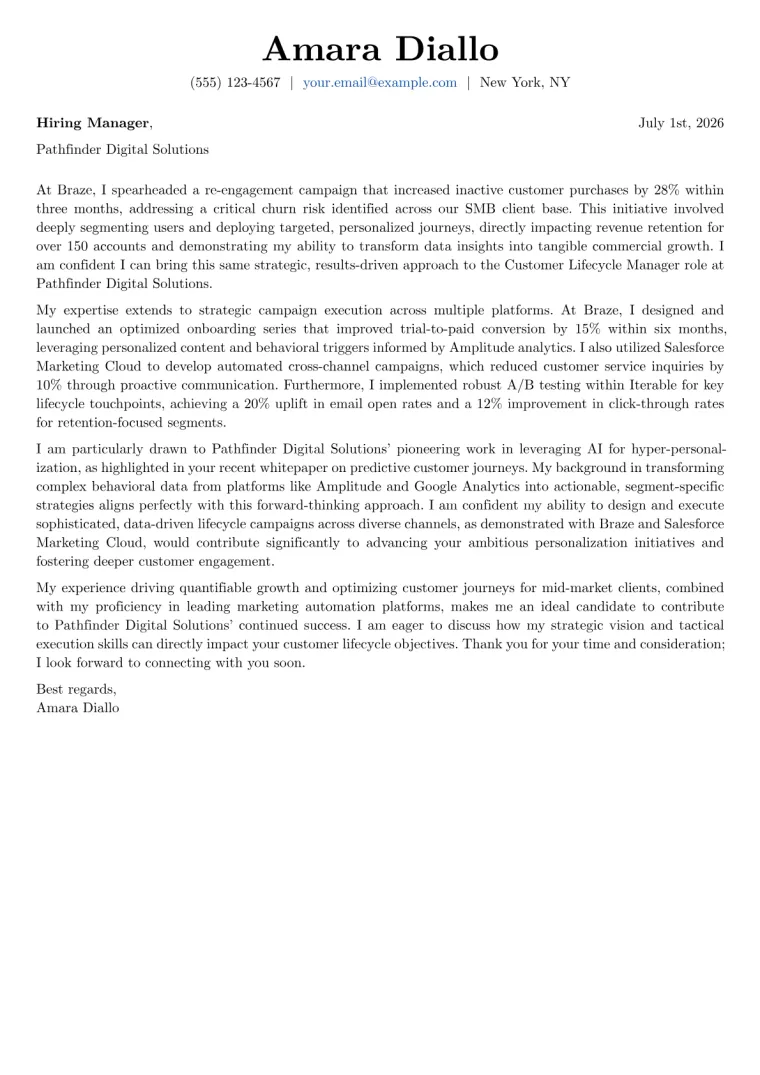 Customer Lifecycle Manager cover letter example preview