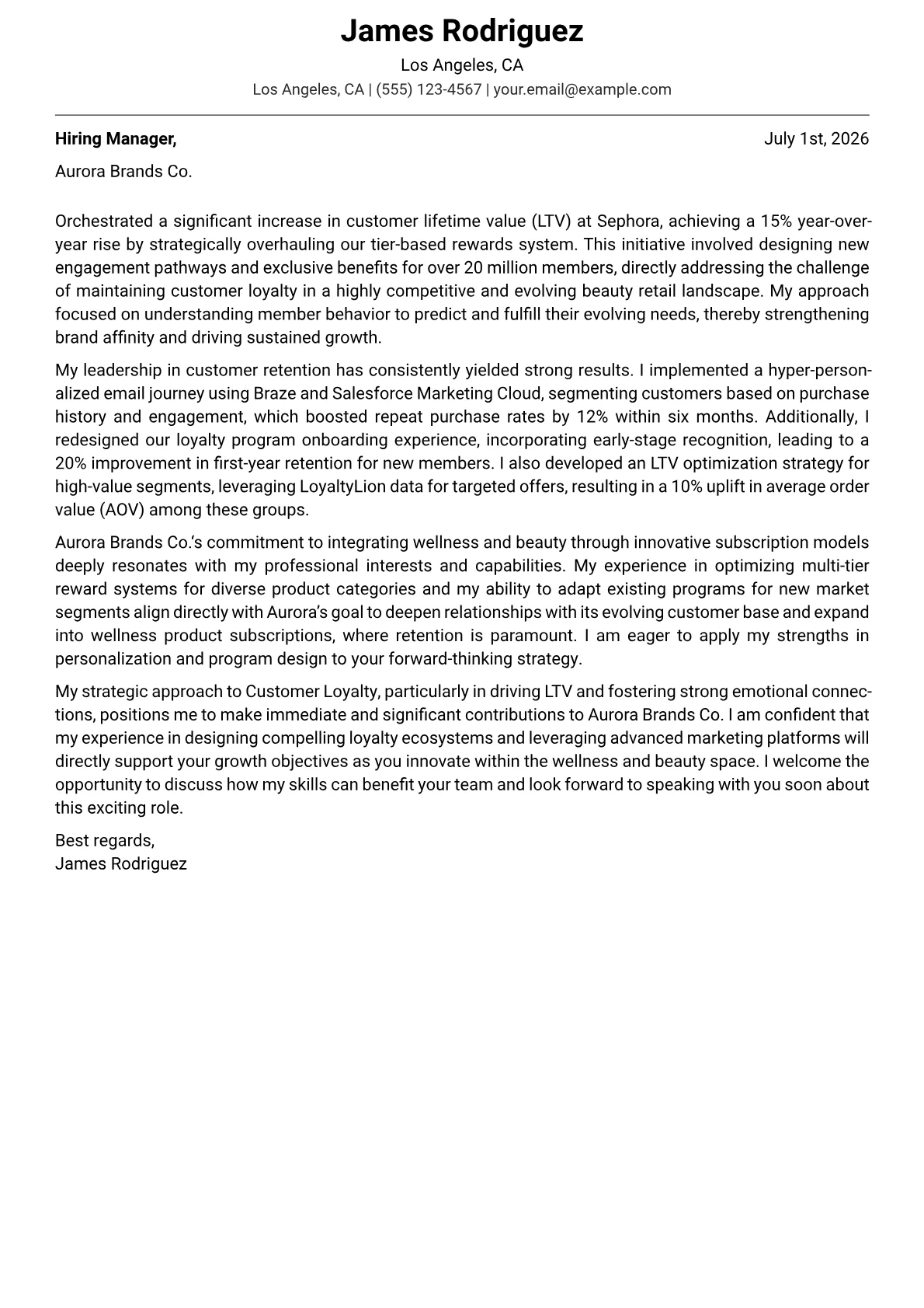 Customer Loyalty Manager cover letter formatted with a JobSprout template