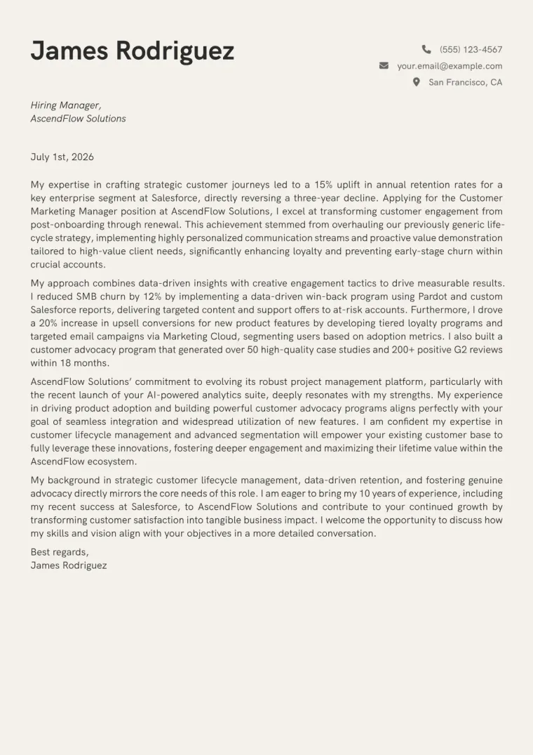 Customer Marketing Manager cover letter example preview