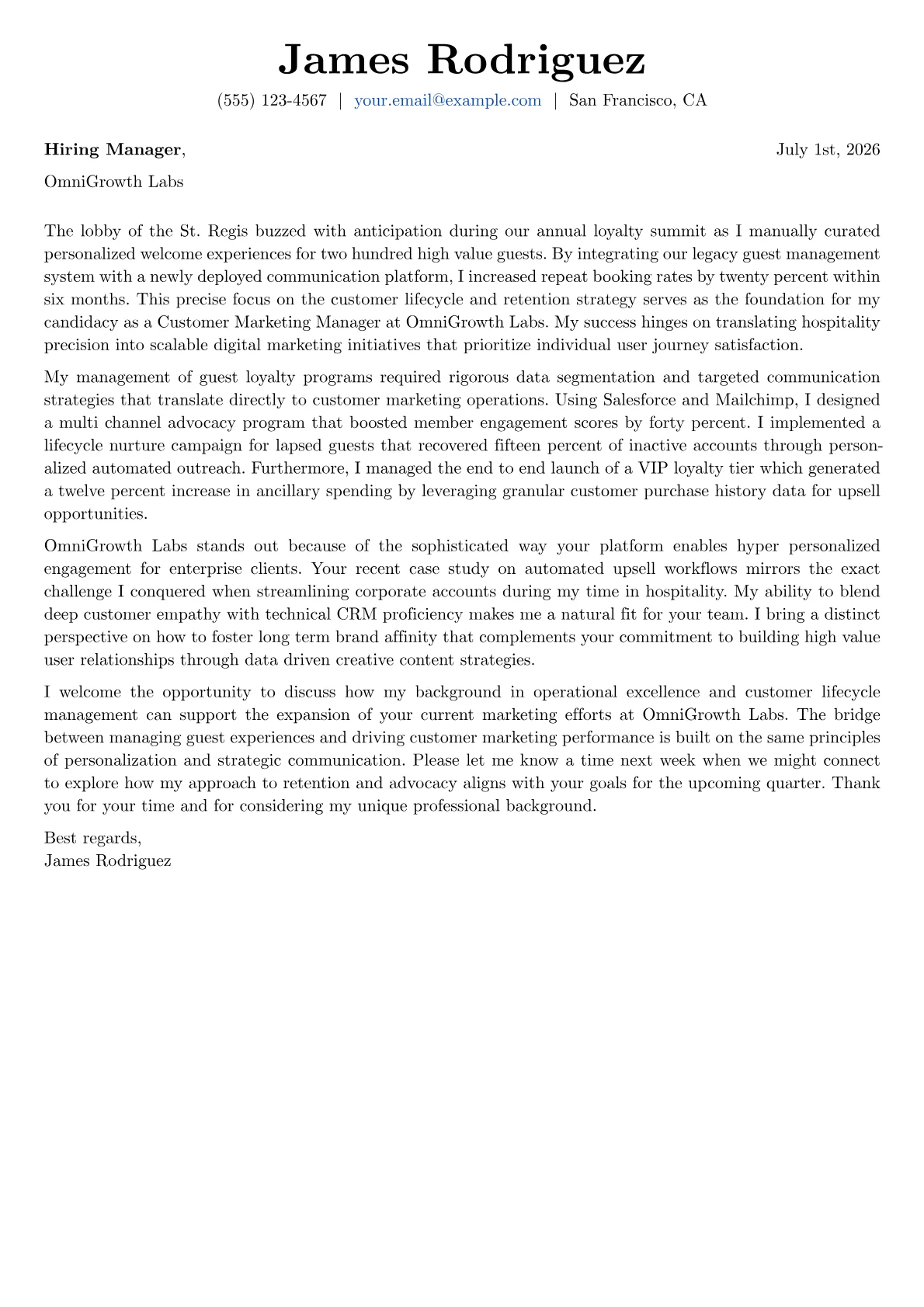 Customer Marketing Manager cover letter in the Basic design