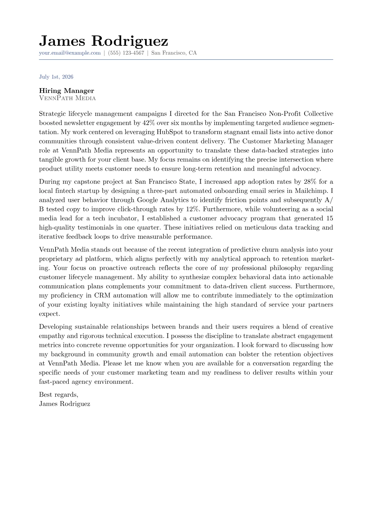 Customer Marketing Manager cover letter in the Classic design