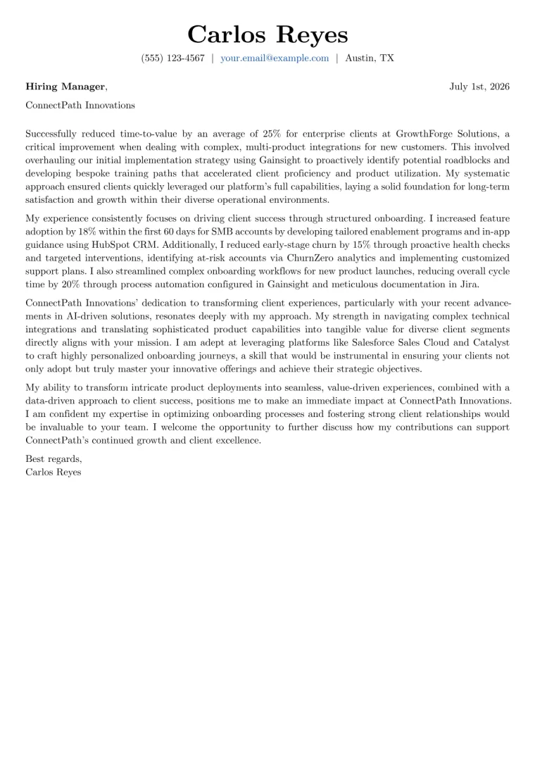 Customer Onboarding Specialist cover letter example preview