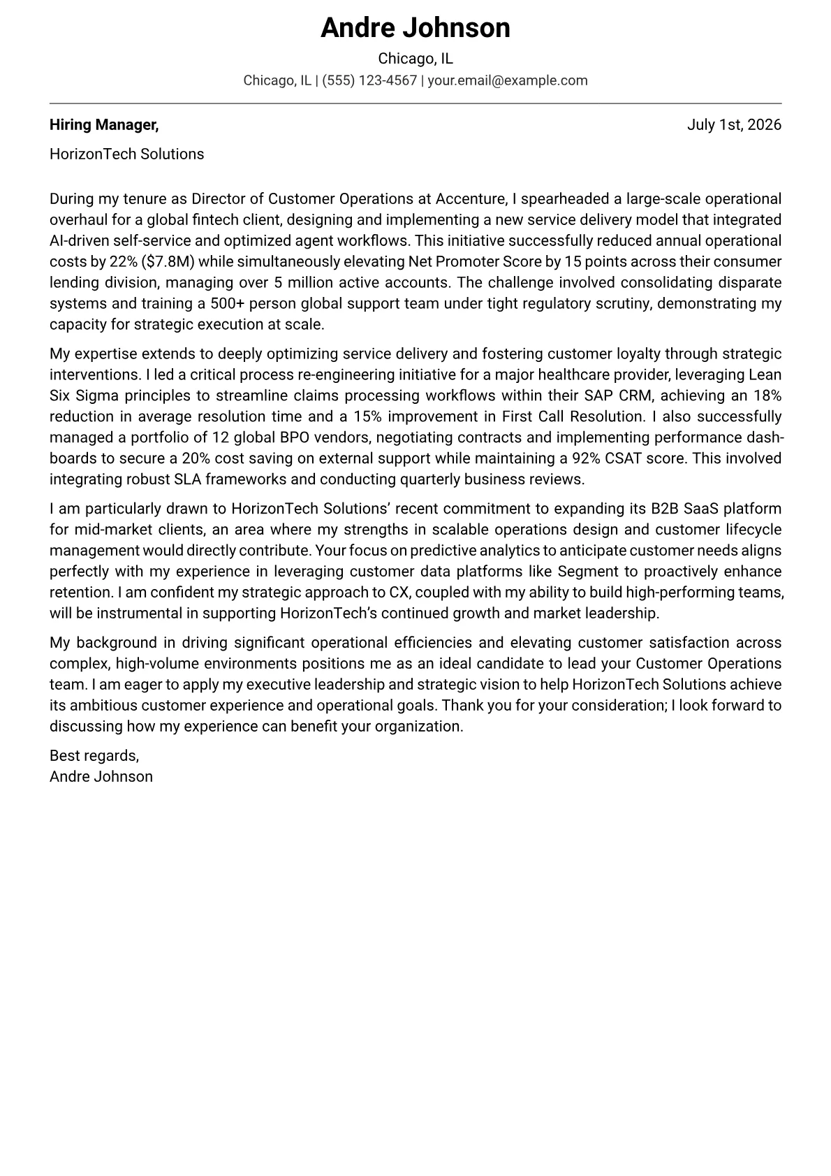 Customer Operations Director cover letter formatted with a JobSprout template